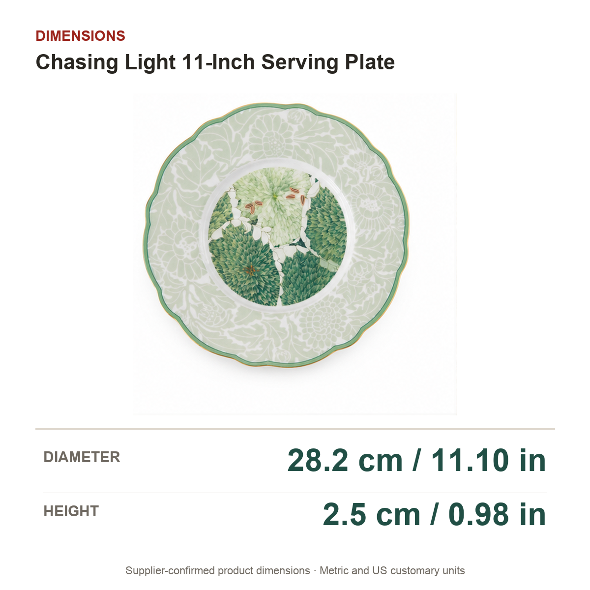 Chasing Light 11-Inch Serving Plate dimensions on a true white background with extra-large readable measurements