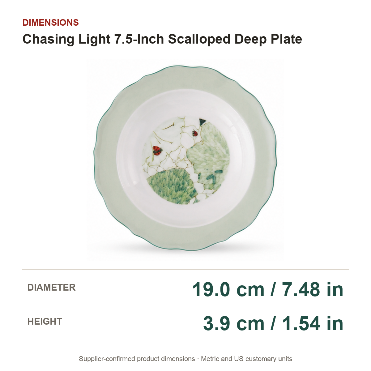 Chasing Light 7.5-Inch Scalloped Deep Plate dimensions on a true white background with extra-large readable measurements