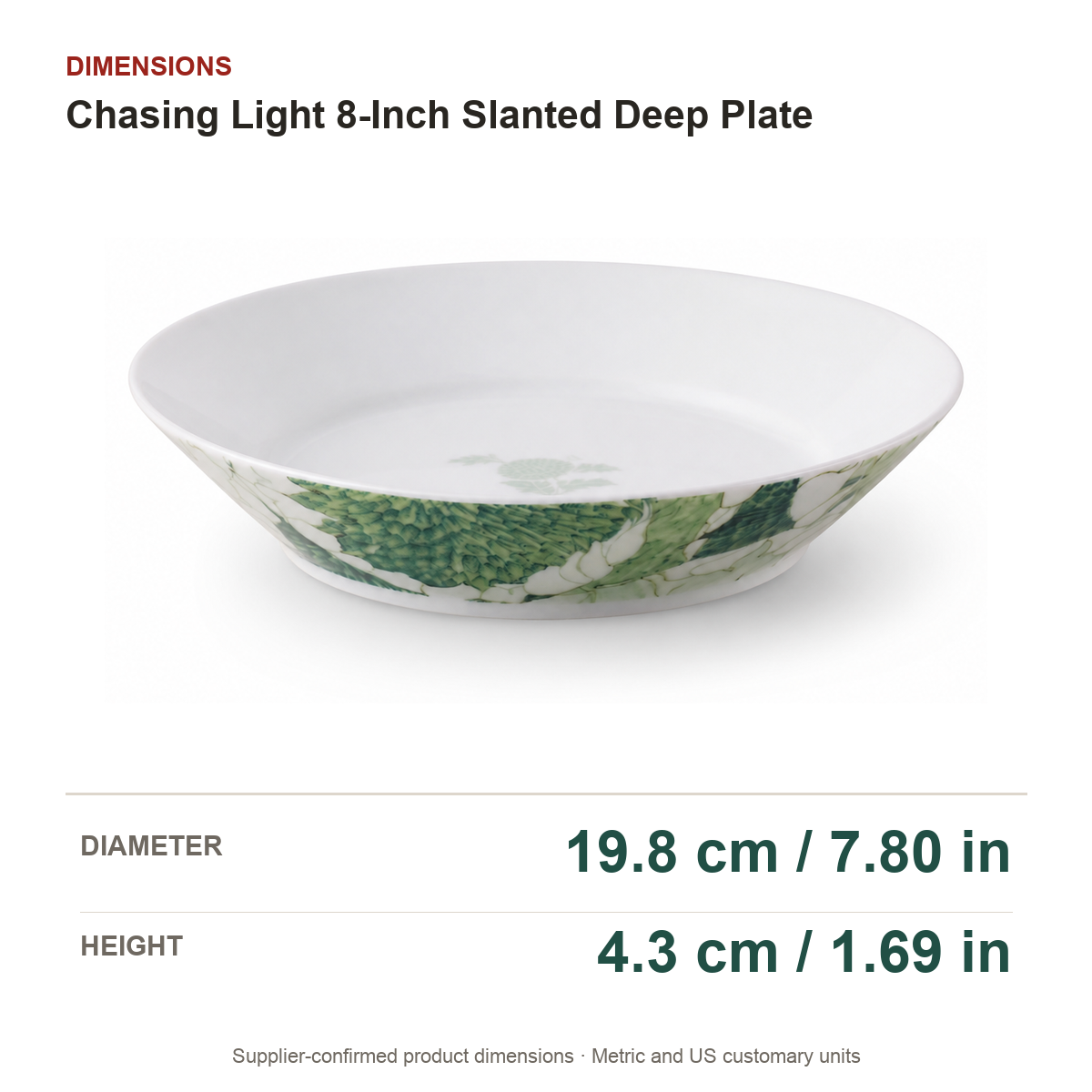Chasing Light 8-Inch Slanted Deep Plate dimensions on a true white background with extra-large readable measurements
