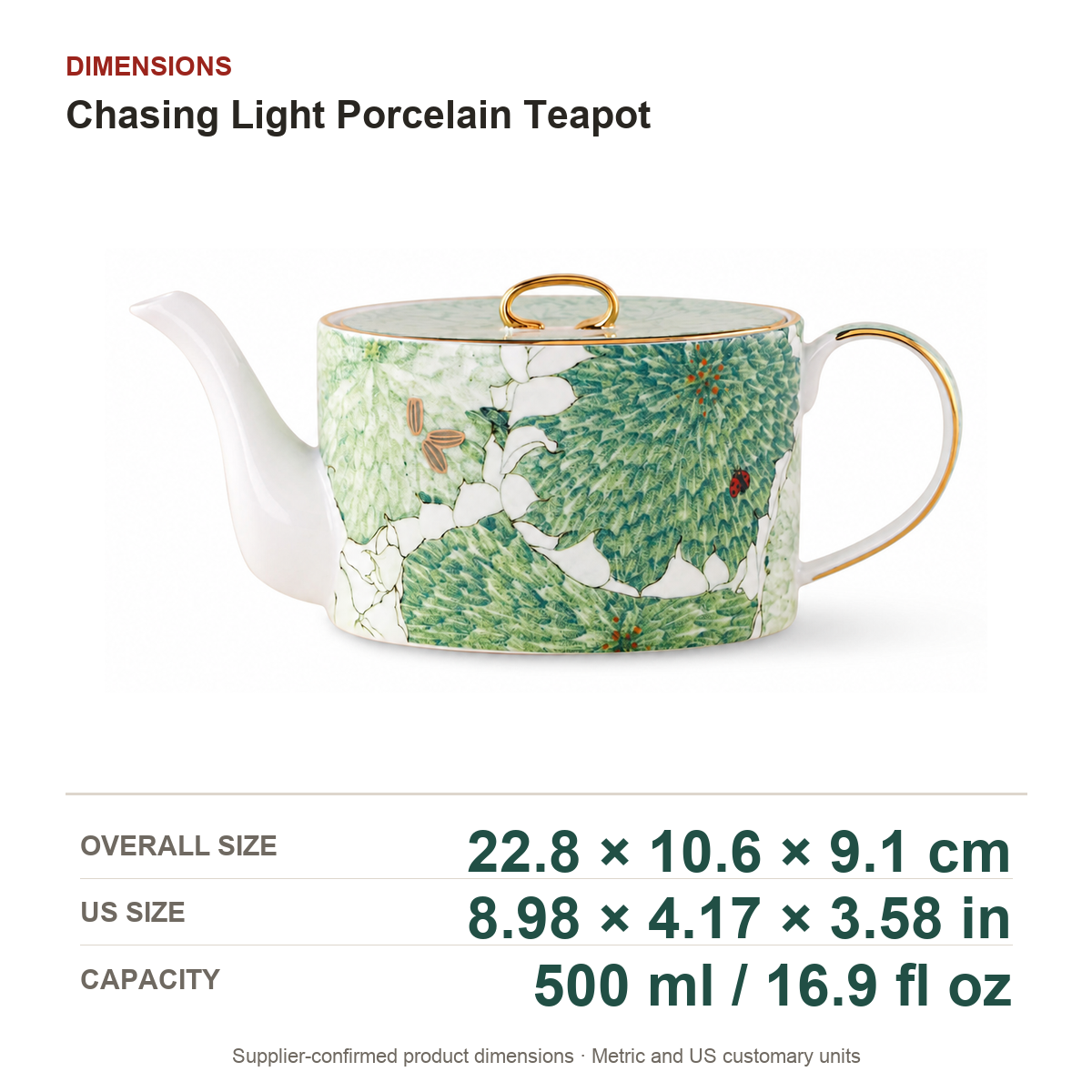 Chasing Light Porcelain Teapot dimensions on a true white background with extra-large readable measurements