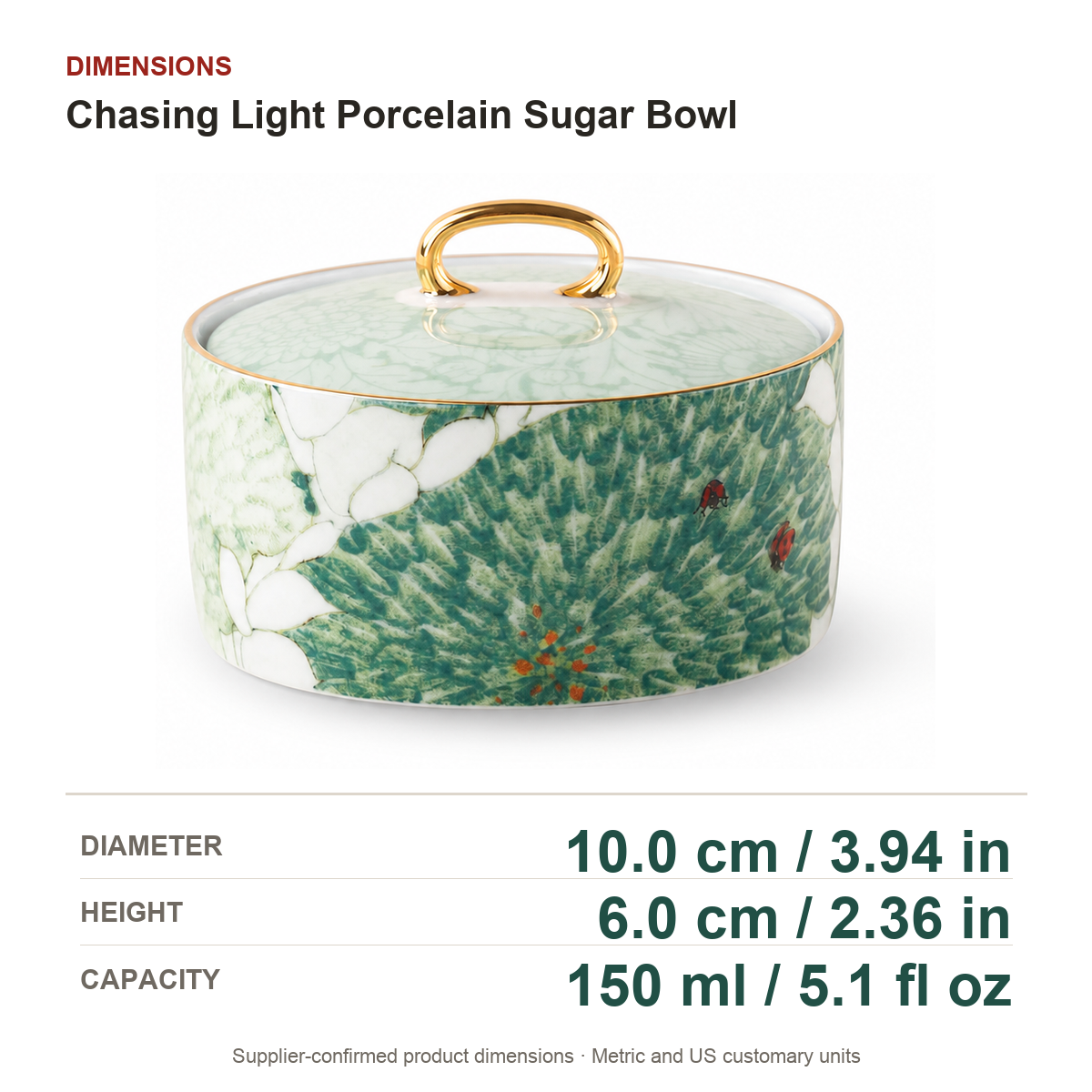 Chasing Light Porcelain Sugar Bowl dimensions on a true white background with extra-large readable measurements