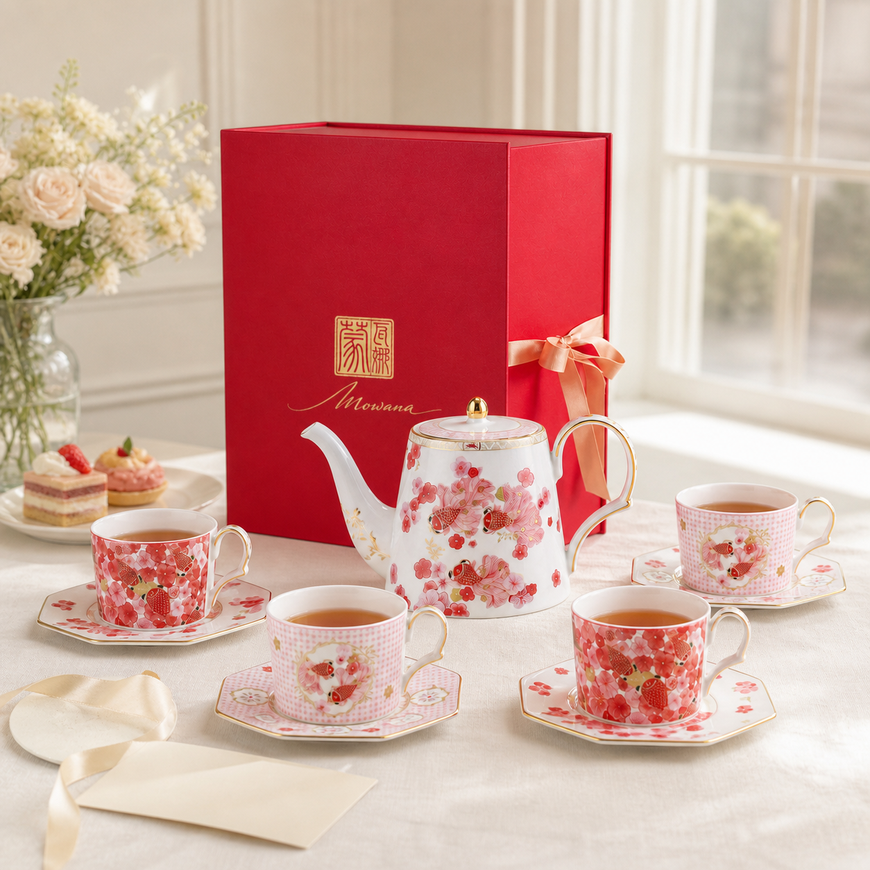 Fortune Bloom four-person porcelain tea gift set in an elegant gifting and afternoon tea setting