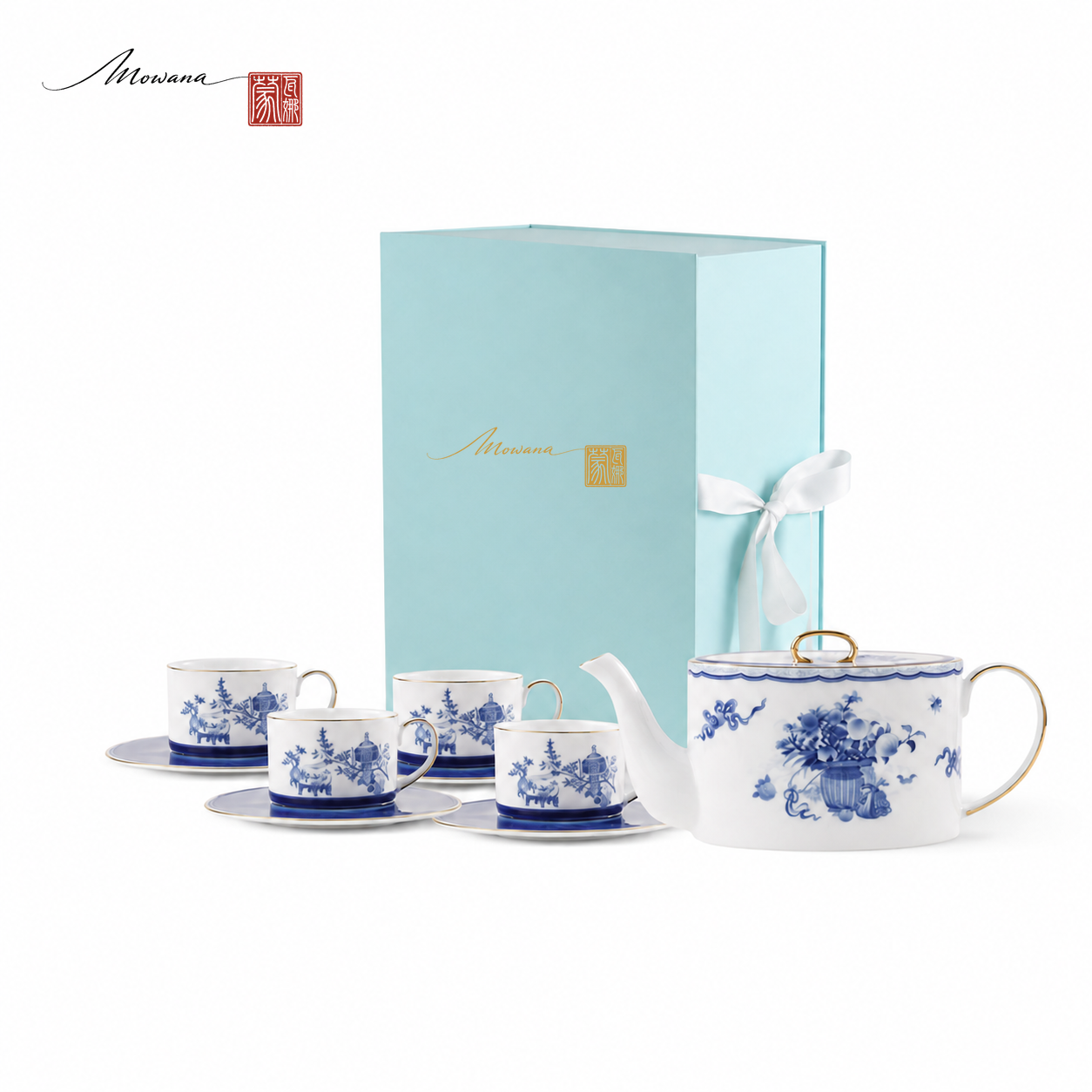 Golden Harmony four-place tea gift set in pale blue MOWANA box with official brand logo