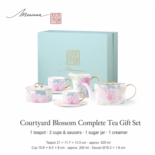 Courtyard Blossom complete tea gift set with two cups and saucers in sky-blue MOWANA box