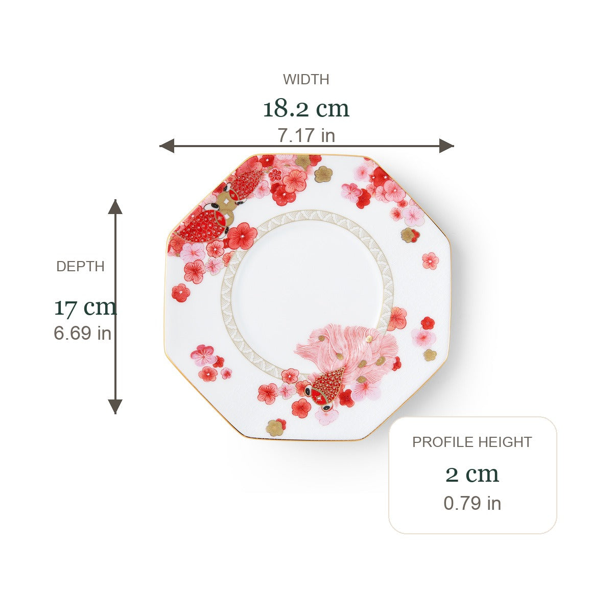 Fortune Bloom Dessert Plate dimensions in centimeters and inches