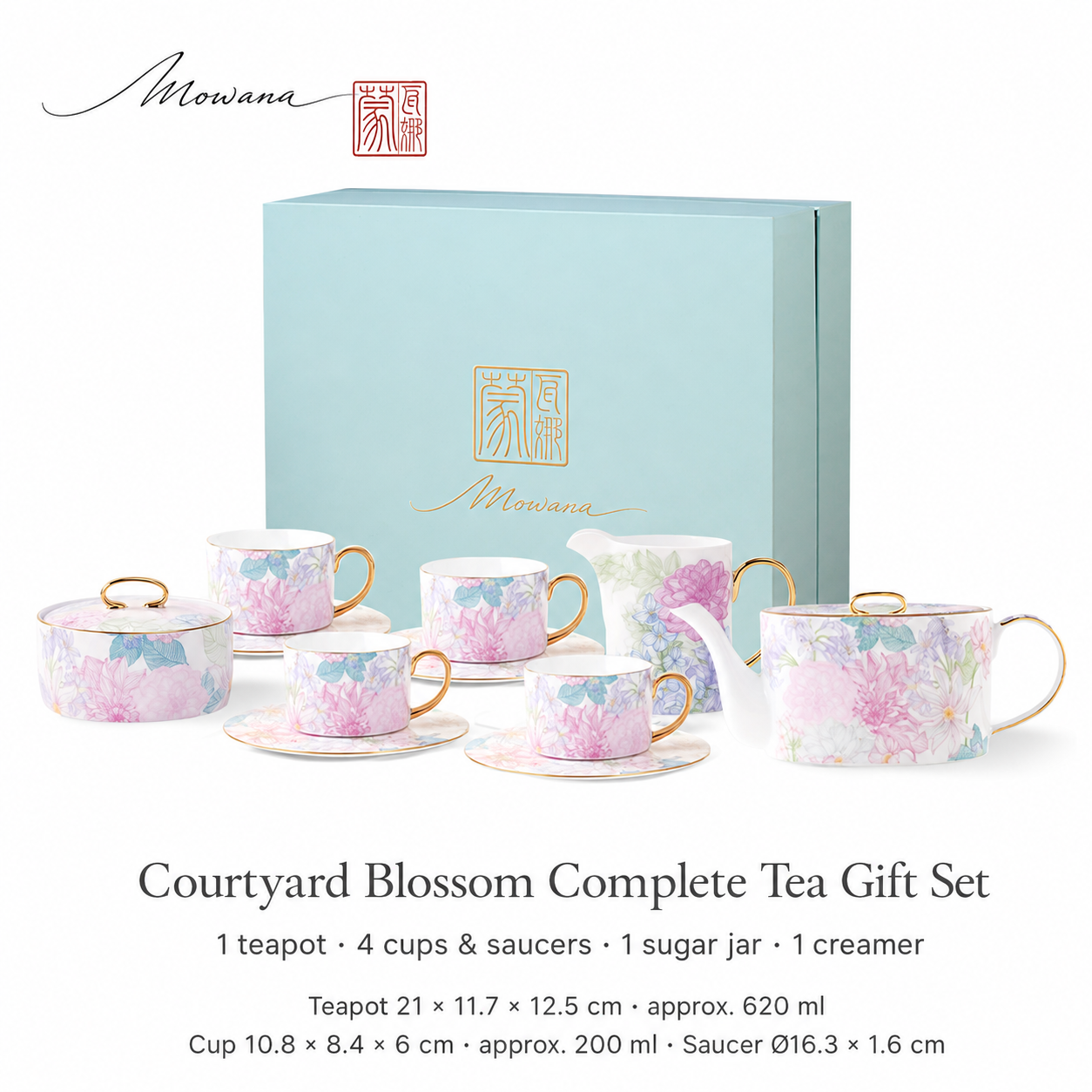 Courtyard Blossom complete tea gift set with four cups and saucers in sky-blue MOWANA box