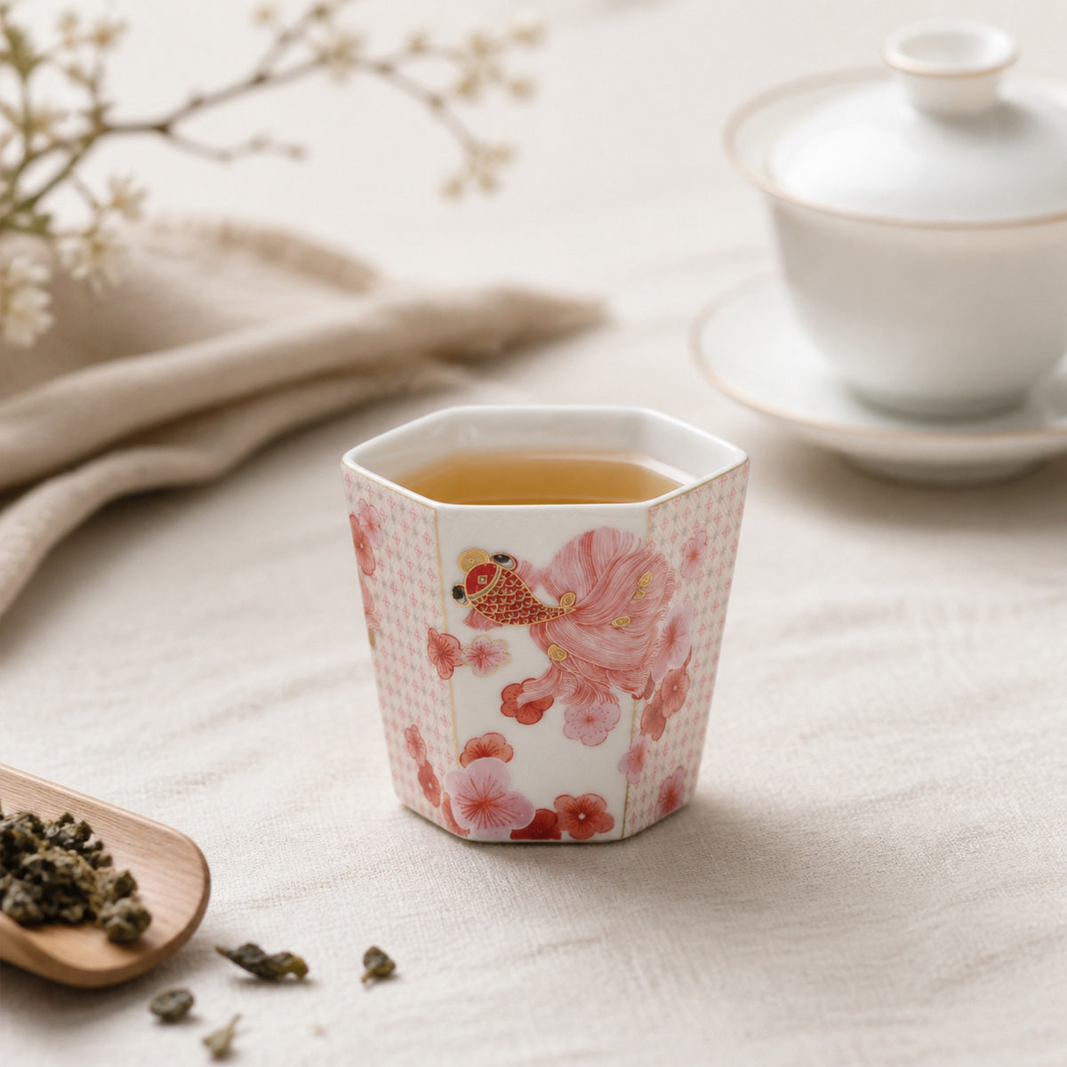 Fortune Bloom Hand Cup in a tea-tasting setting
