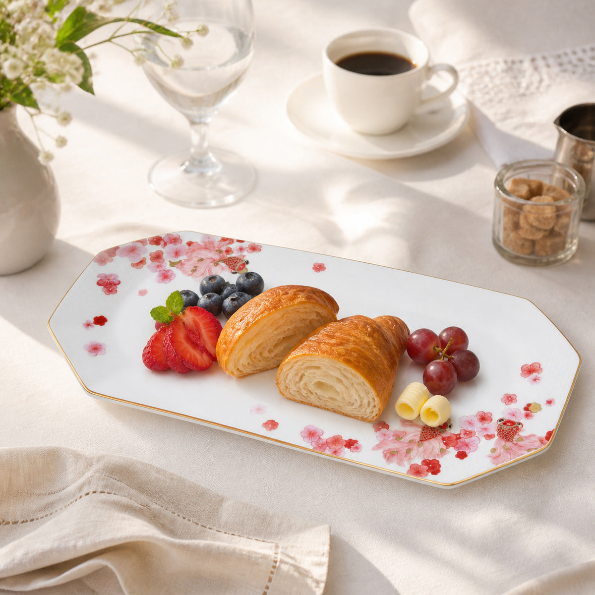 Fortune Bloom Rectangular Plate breakfast fruit and pastry serving scene