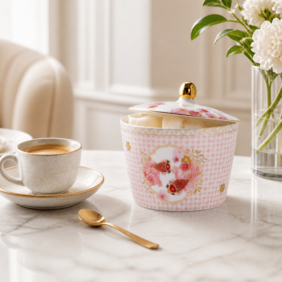 Fortune Bloom Sugar Jar coffee table sugar cubes scene