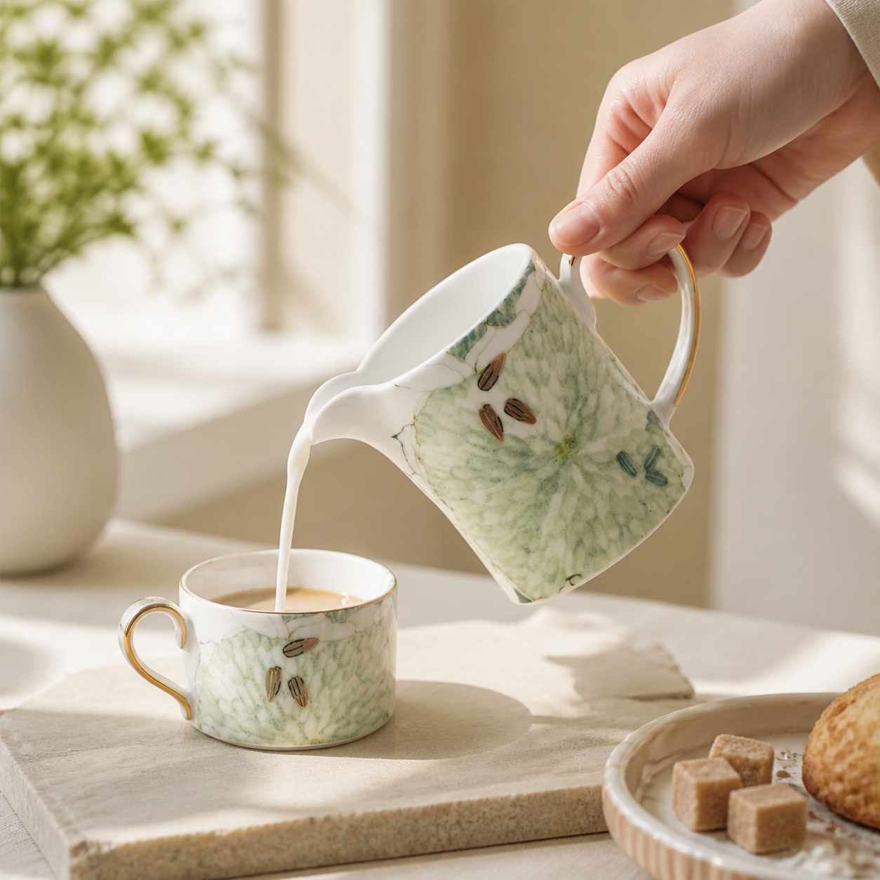 Chasing Light creamer pouring milk into a matching small cup