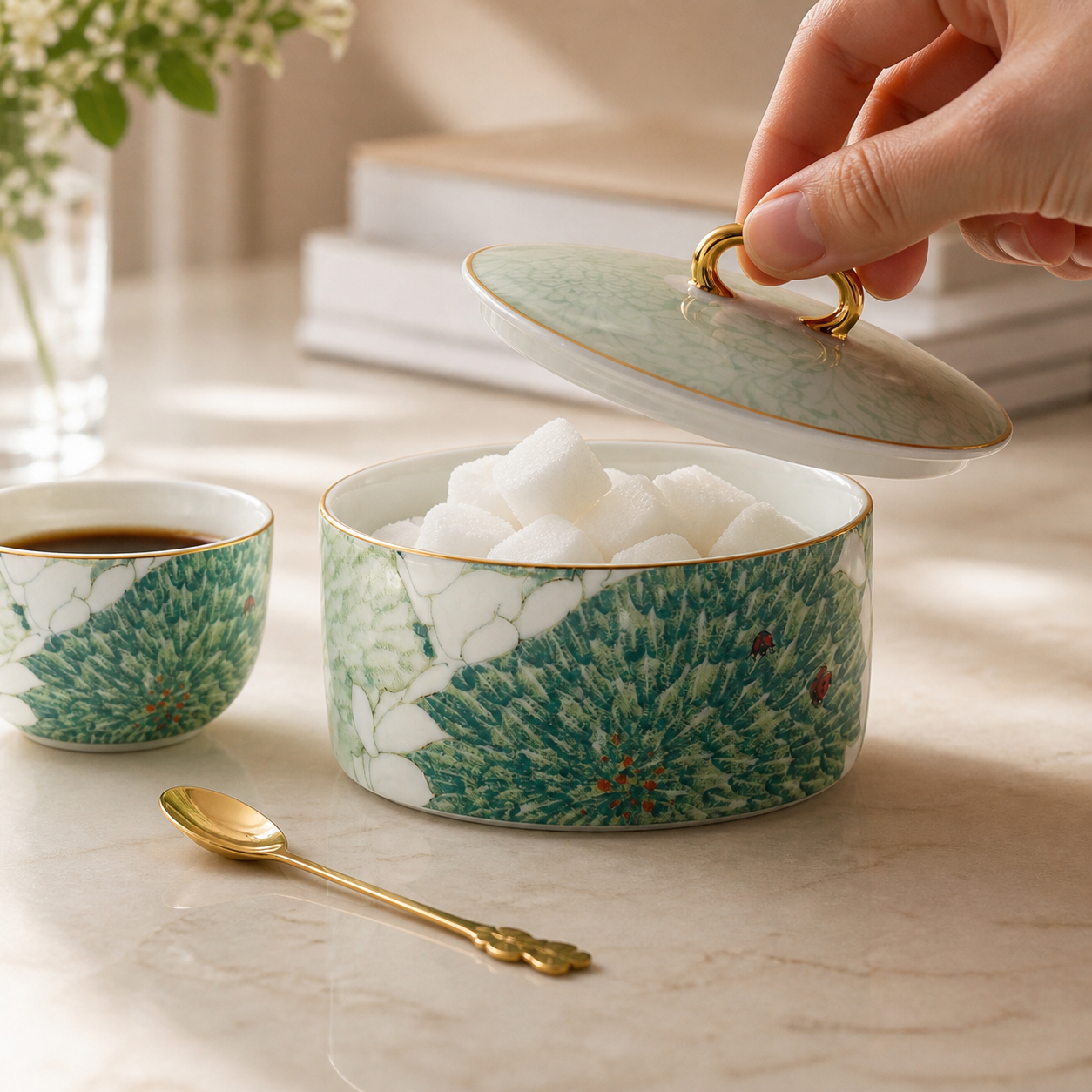 Chasing Light sugar bowl opened to reveal sugar cubes beside coffee