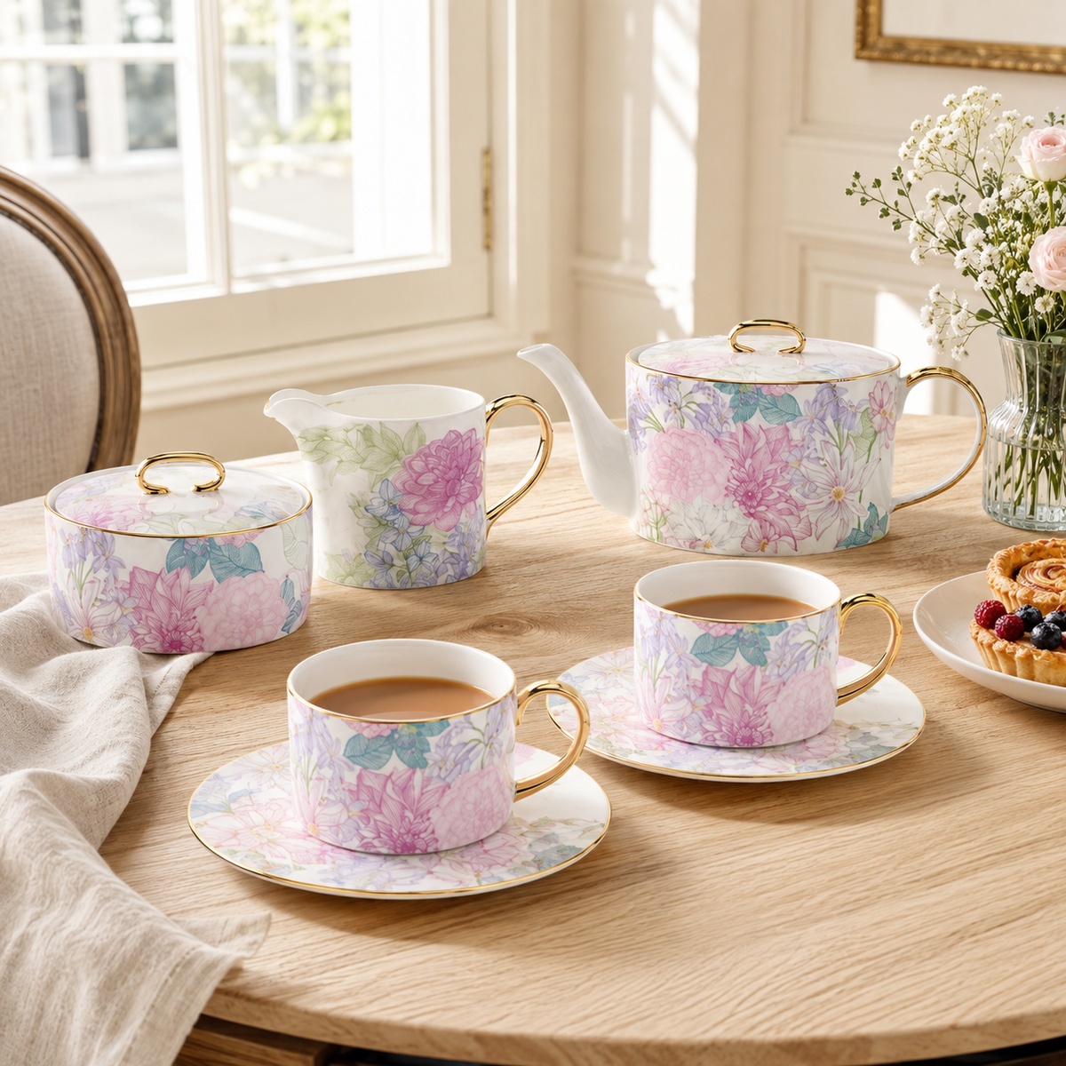 Courtyard Blossom complete tea gift set arranged for afternoon tea