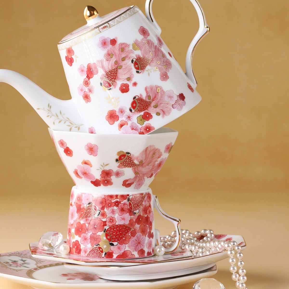 Fortune Bloom Coffee Pot hosting table scene