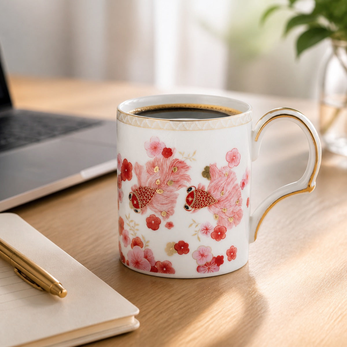 Fortune Bloom Mug desk coffee scene