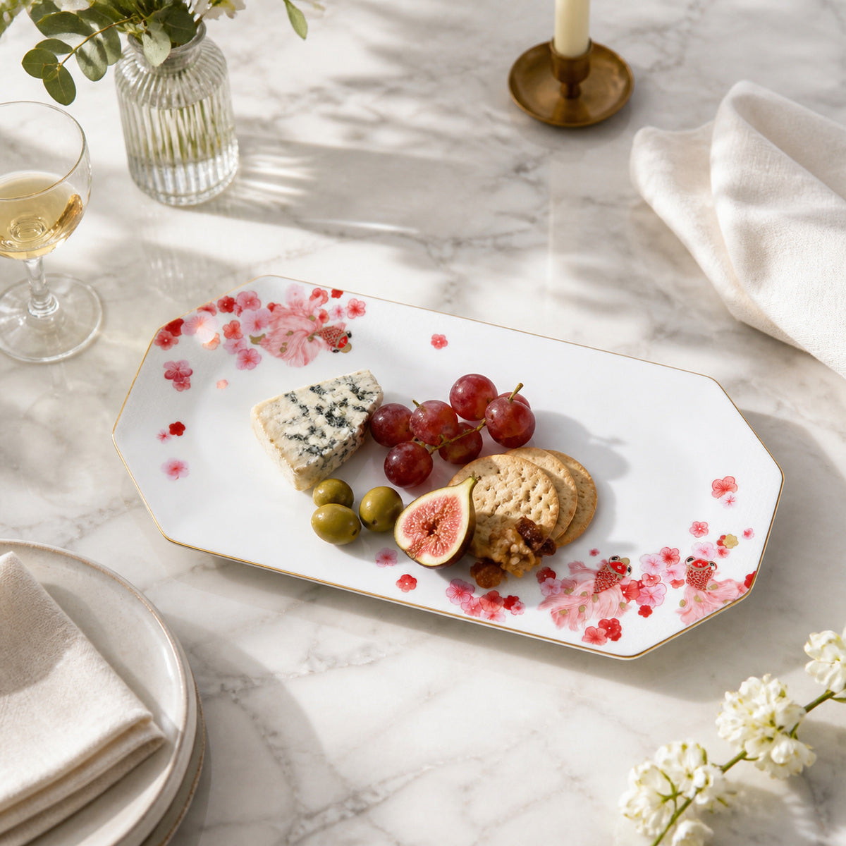 Fortune Bloom Rectangular Plate cheese olives and appetizer serving scene