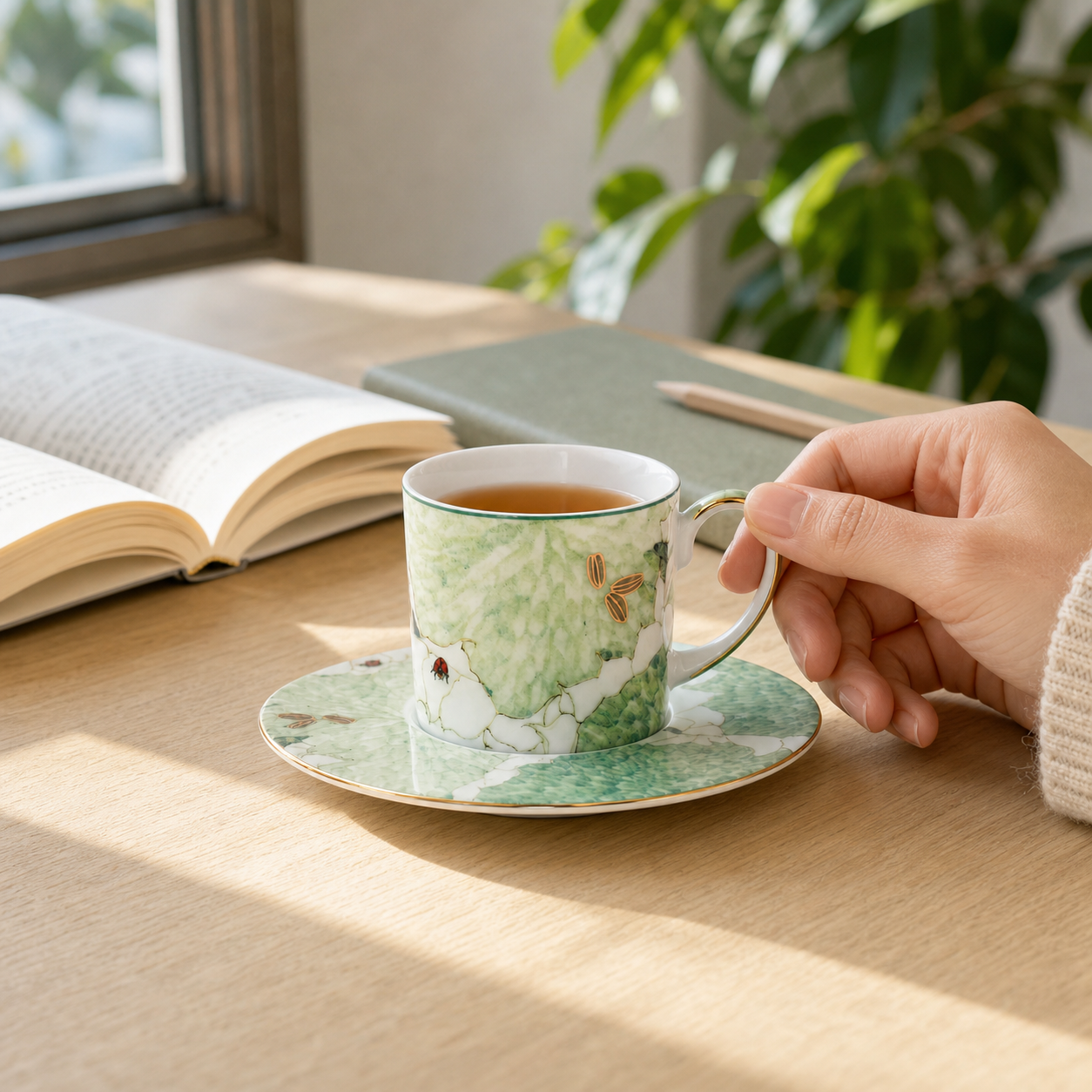 Chasing Light narrow cup and saucer in a desk tea setting