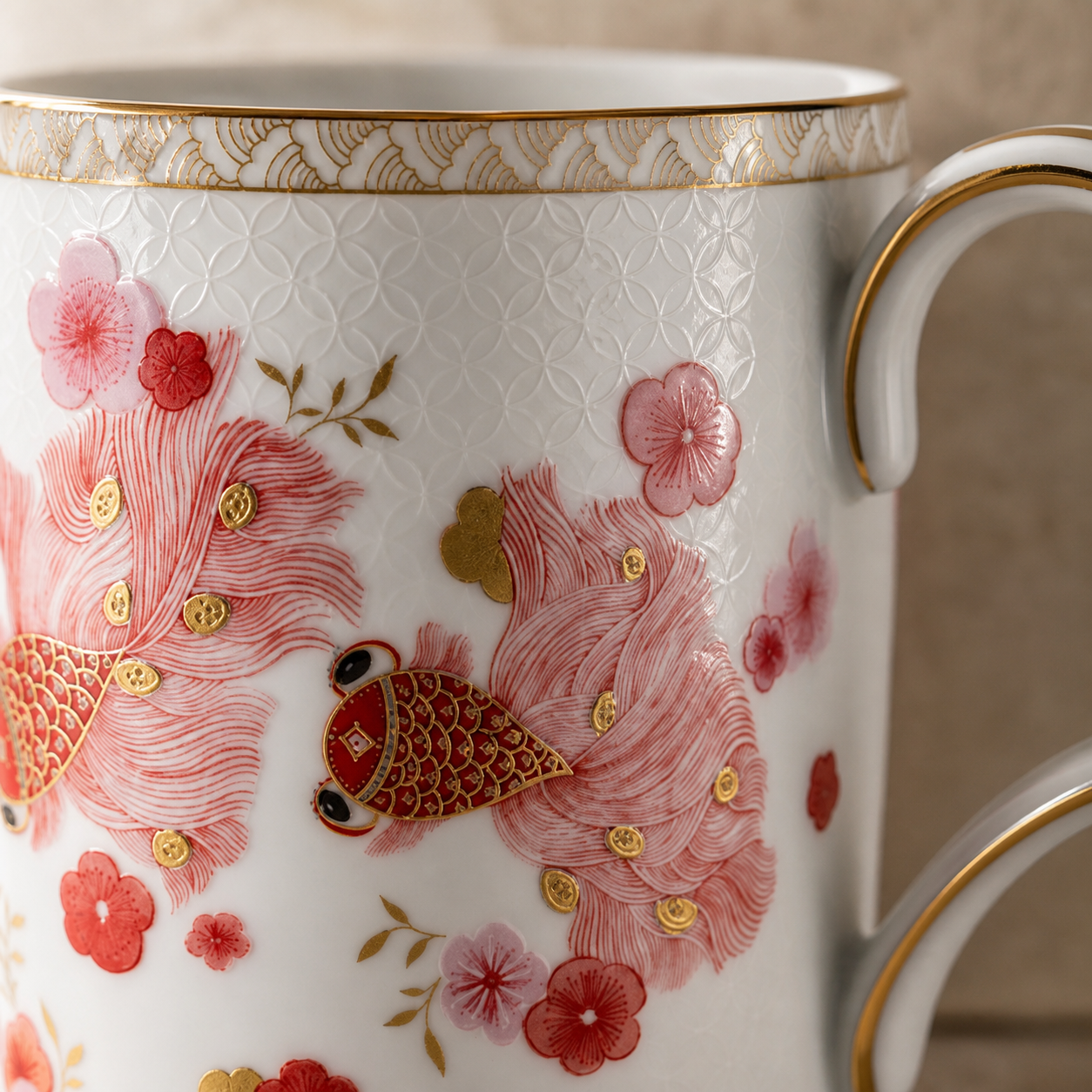 Fortune Bloom Mug macro detail with raking light showing the floral, koi, gold-toned and subtle glazed relief texture