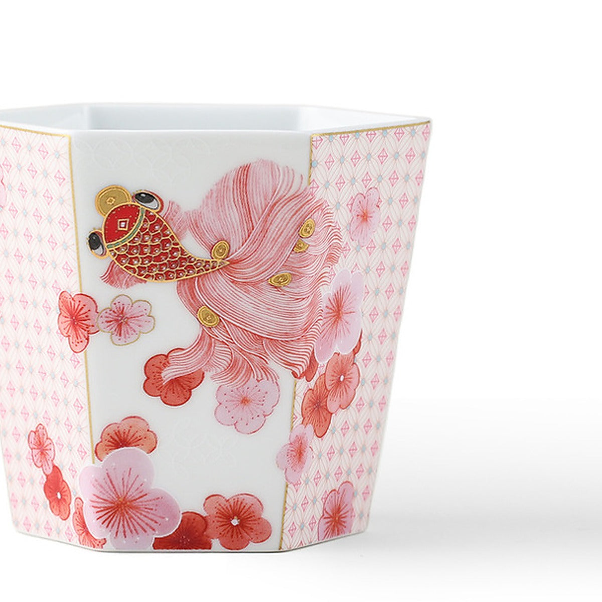 Close view of the Fortune Bloom Hand Cup goldfish floral pattern and gold details