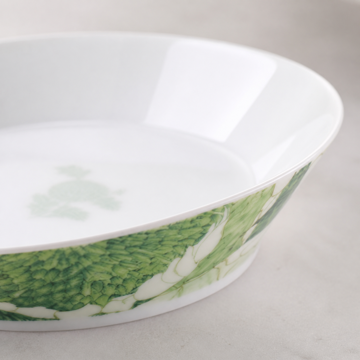 Close-up of Chasing Light deep plate rim and botanical pattern