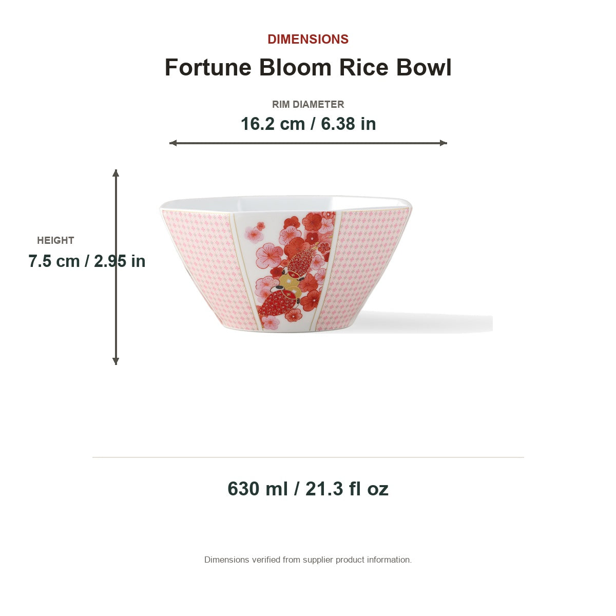 Fortune Bloom Rice Bowl dimensions on a white background