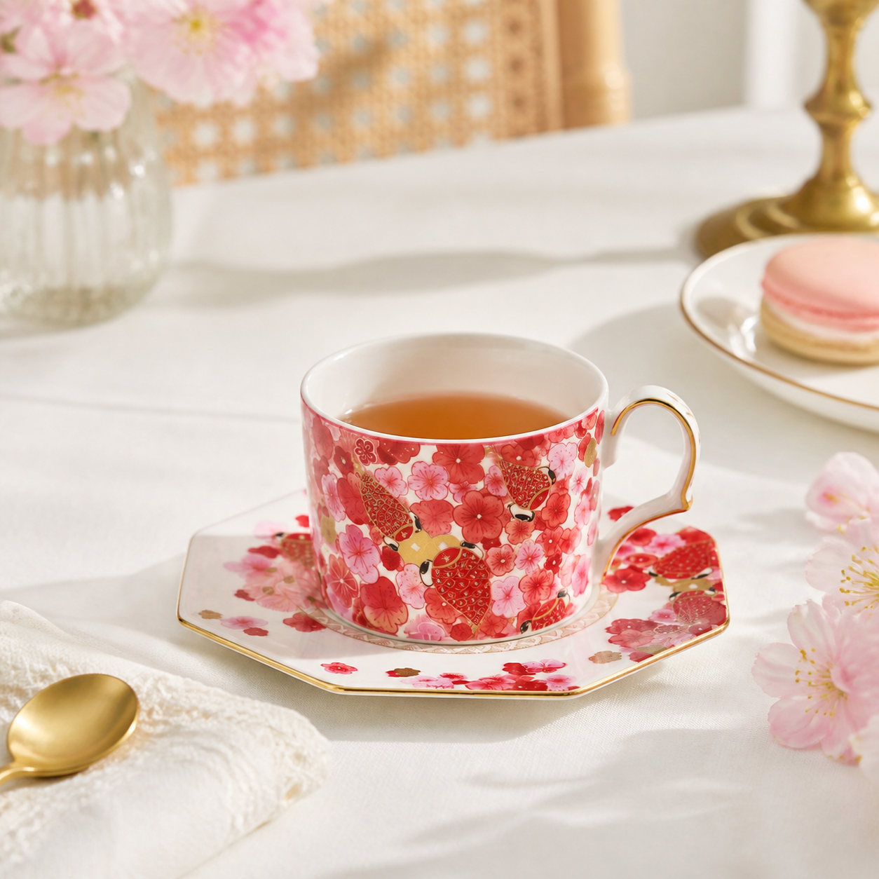 Fortune Bloom Peach Cup and Saucer afternoon tea scene