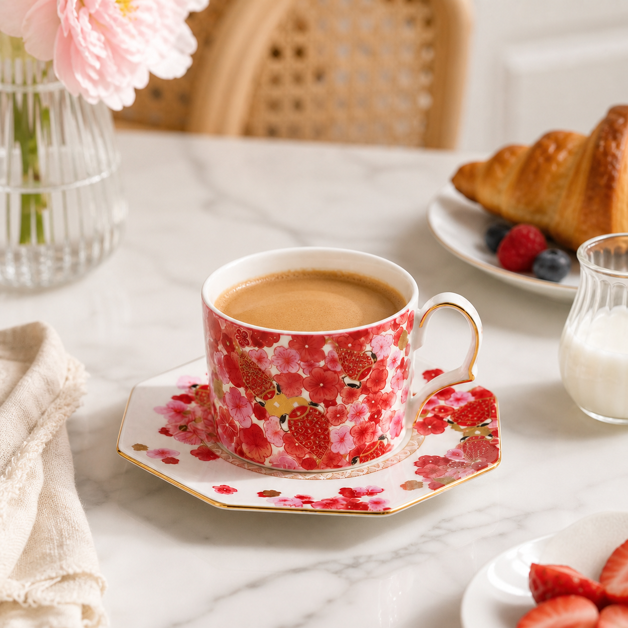 Fortune Bloom Peach Cup and Saucer coffee breakfast scene