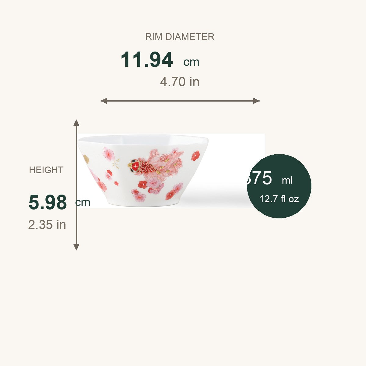 Fortune Bloom Dessert Bowl dimensions in centimeters and inches