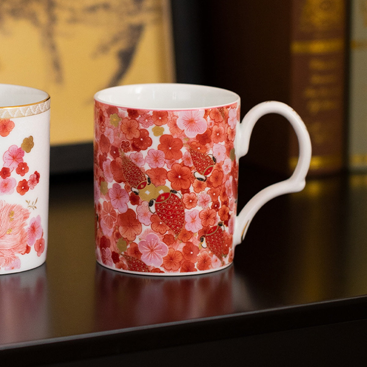 Fortune Bloom Full Blossom Mug in a warm desk coffee scene