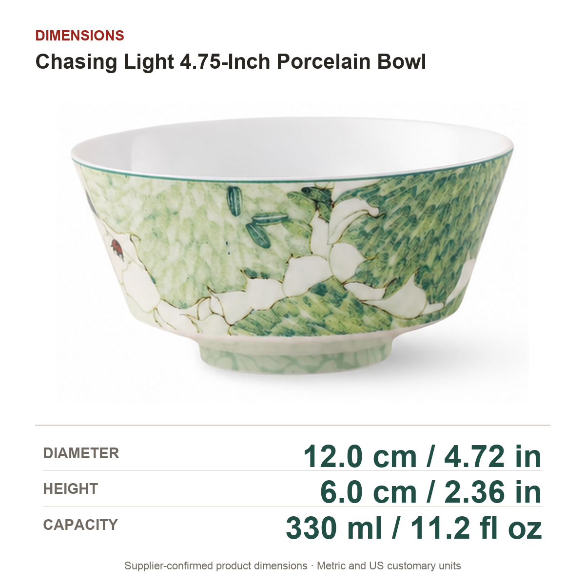 Chasing Light 4.75-Inch Porcelain Bowl dimensions on a true white background with extra-large readable measurements