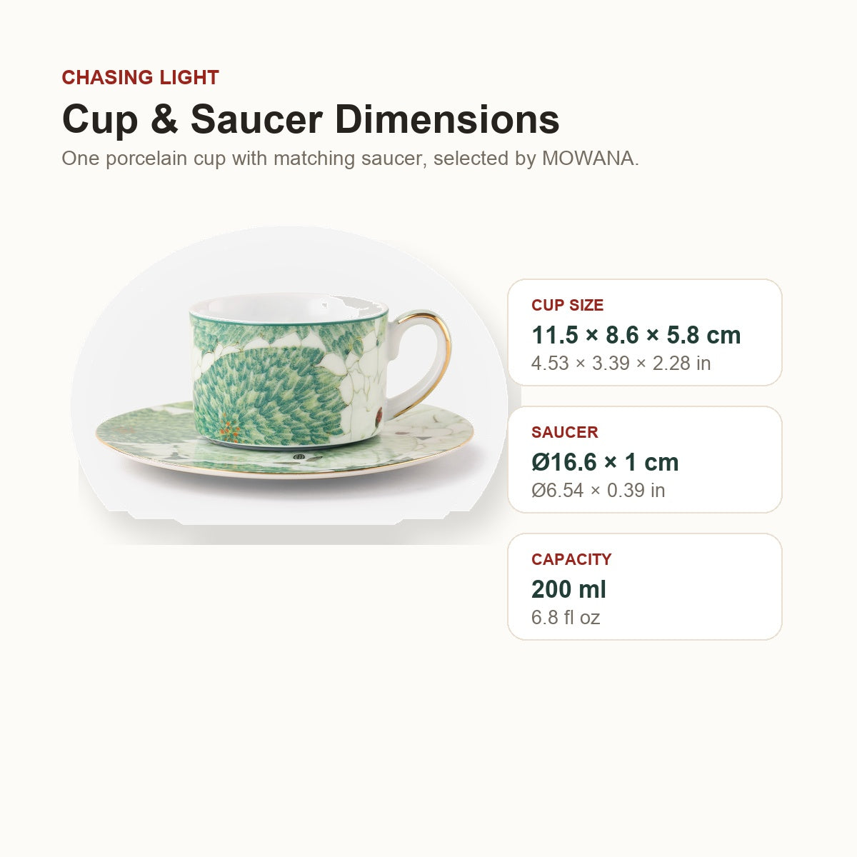 Chasing Light cup and saucer dimensions in cm and inches