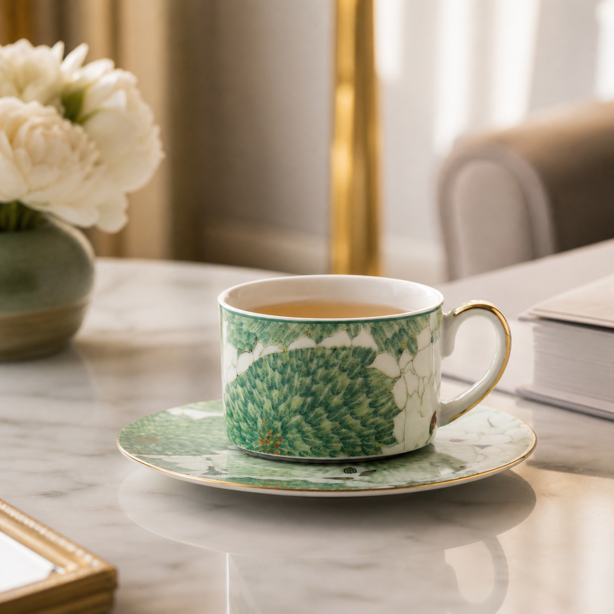 Chasing Light cup and saucer afternoon tea desk scene
