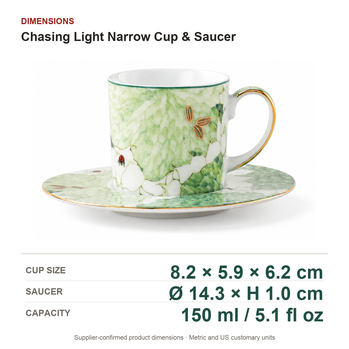 Chasing Light Narrow Cup & Saucer dimensions on a true white background with extra-large readable measurements