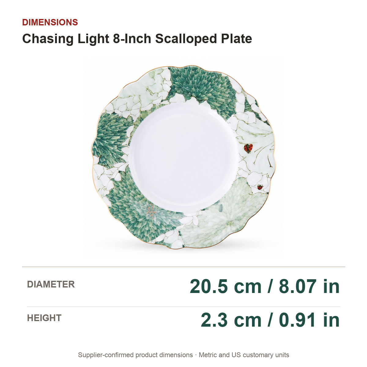 Chasing Light 8-Inch Scalloped Plate dimensions on a true white background with extra-large readable measurements