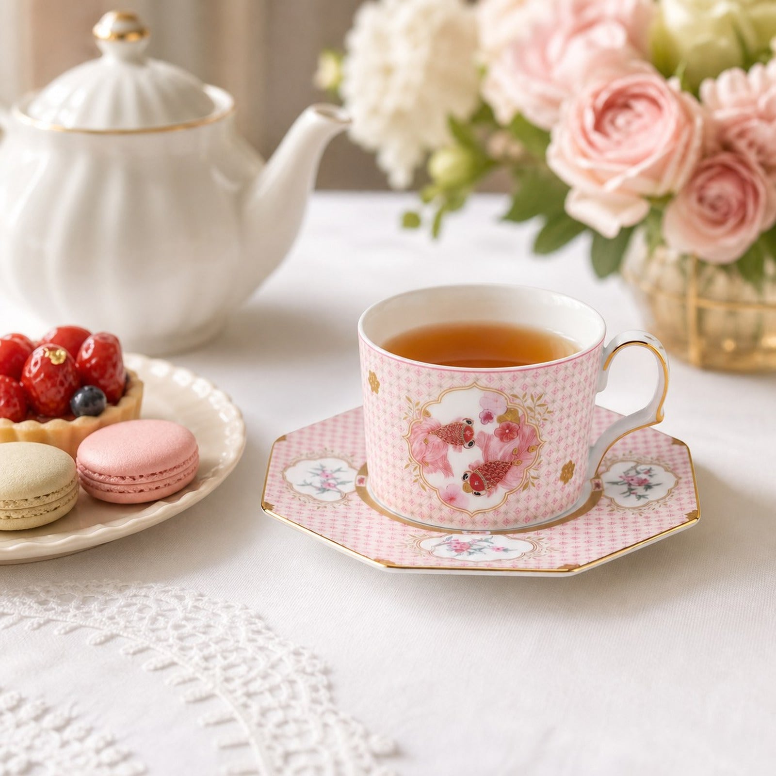 Fortune Bloom Check Cup and Saucer afternoon tea scene