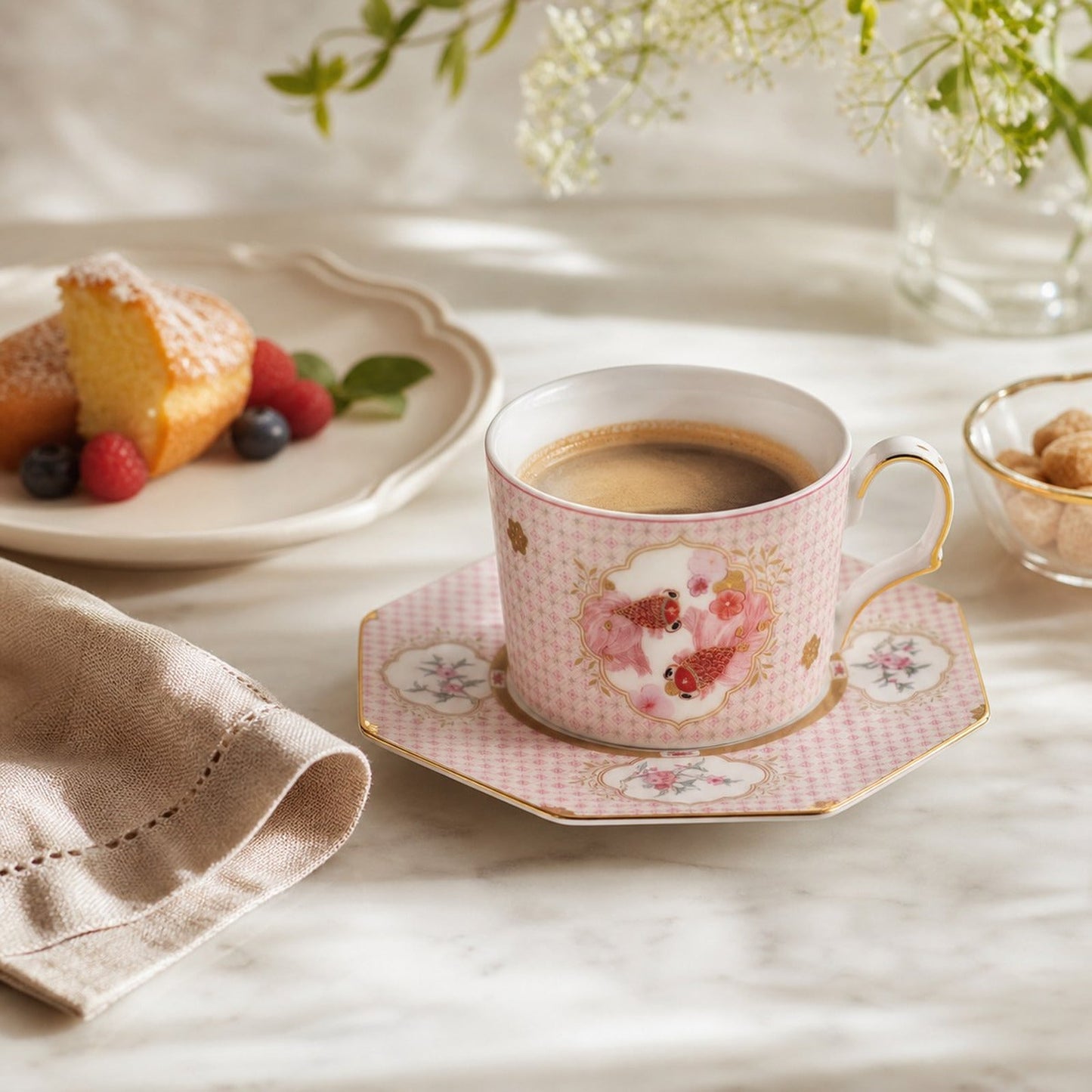 Fortune Bloom Check Cup and Saucer espresso dessert scene