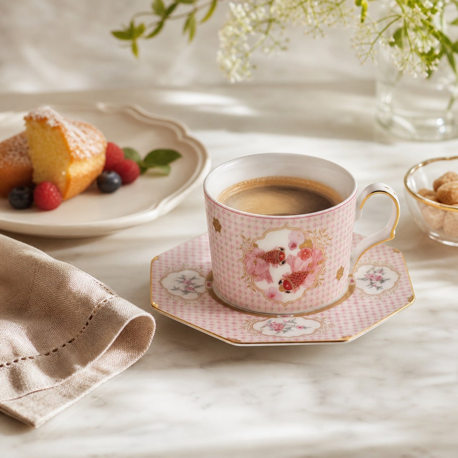 Fortune Bloom Check Cup and Saucer espresso dessert scene