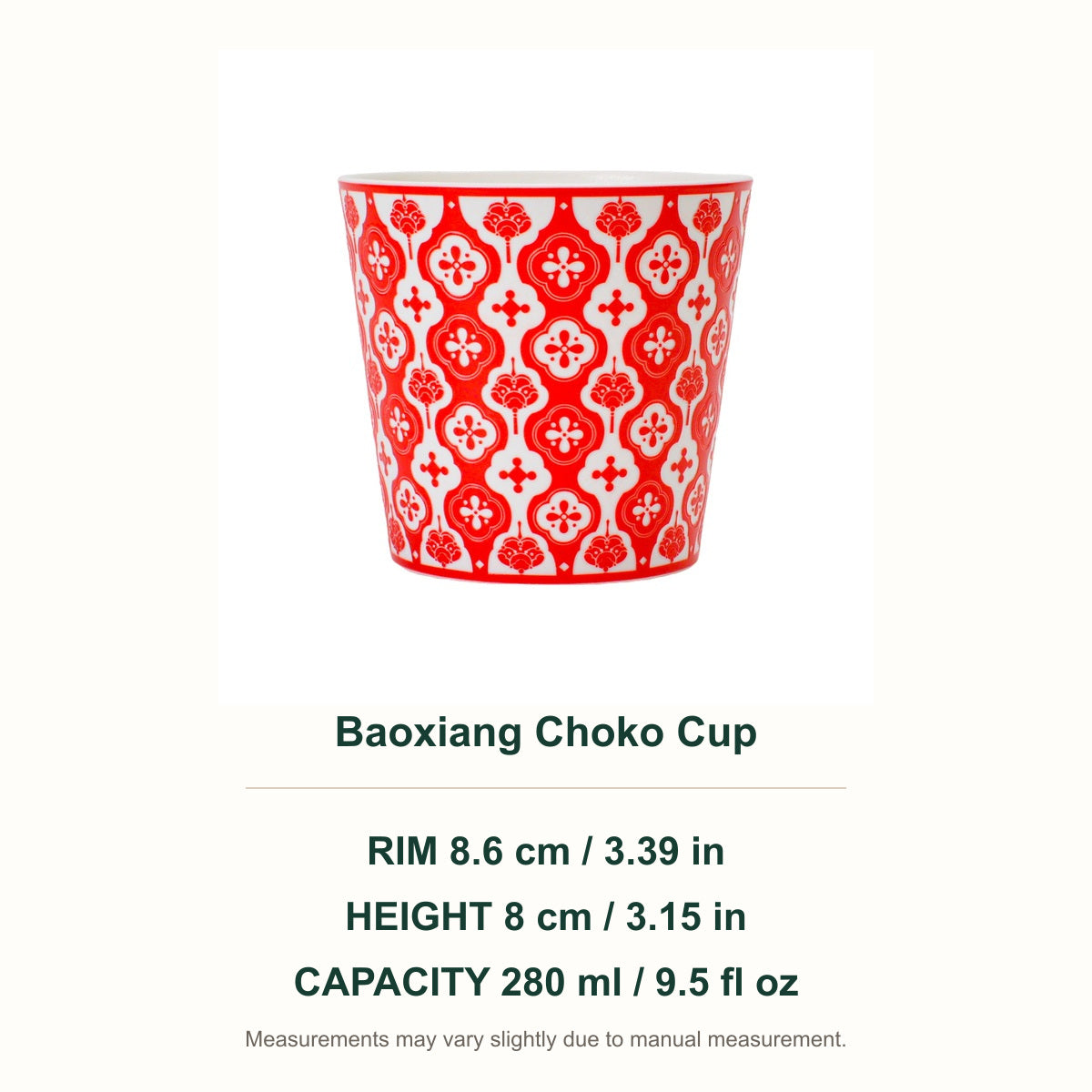 Baoxiang Choko Cup dimensions — 8.6 cm rim, 8 cm height, 280 ml