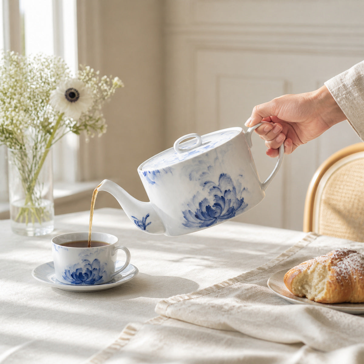 Blue Lotus coffee pot in a bright breakfast setting