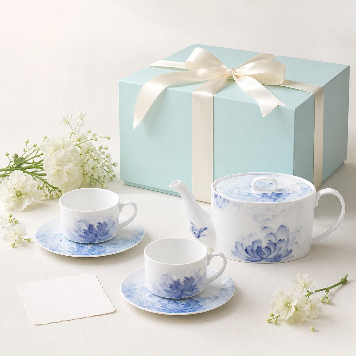 Blue Lotus coffee pot and two cup saucer gift presentation