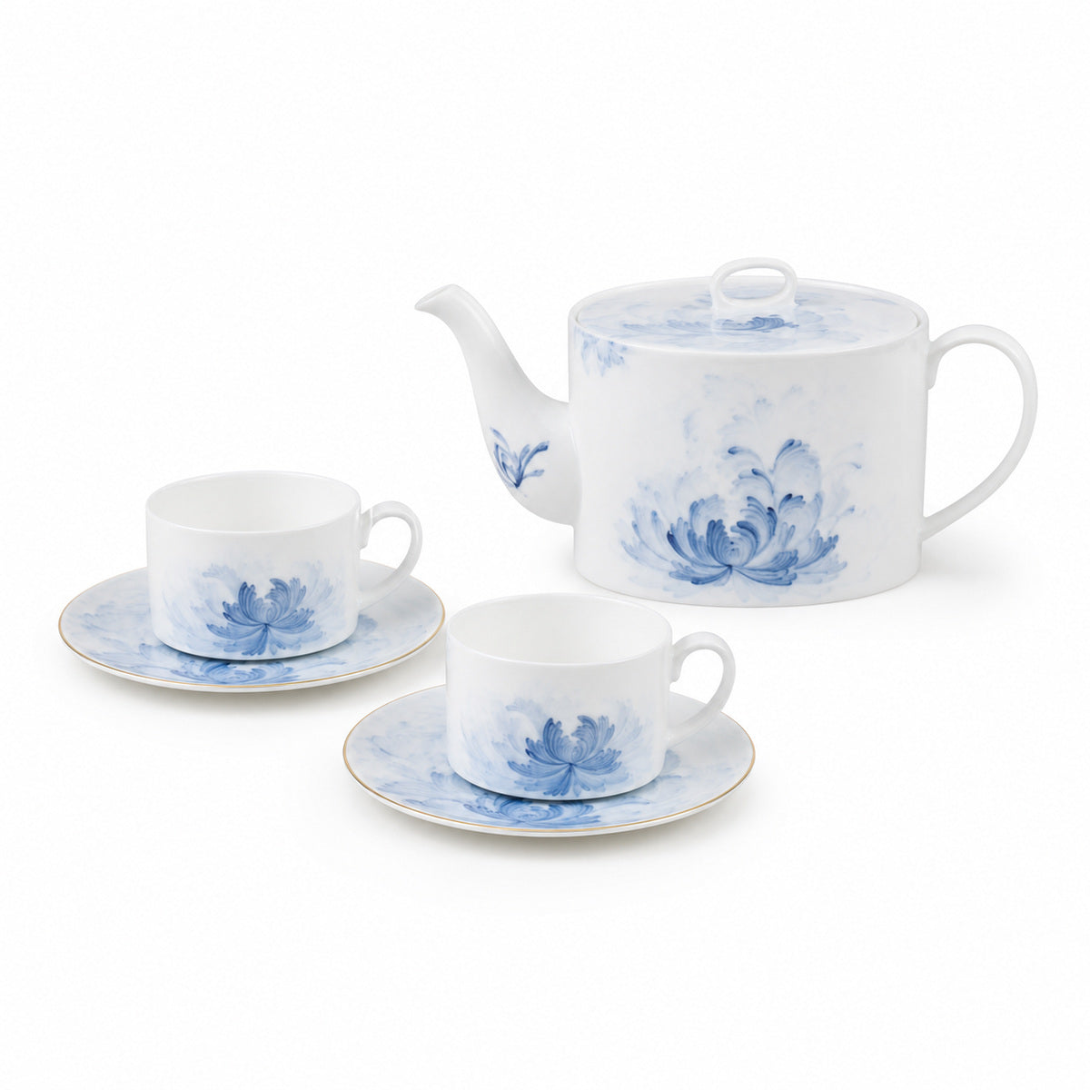 Blue Lotus coffee pot and two cup saucer set on pure white