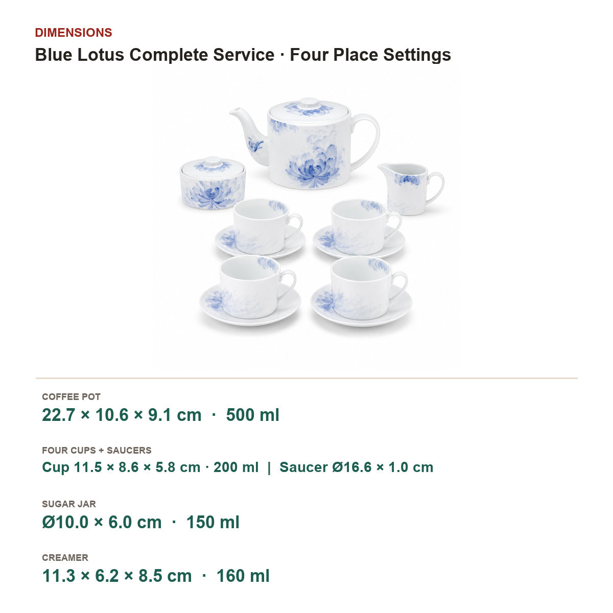 Blue Lotus complete four-place service dimensions and capacities