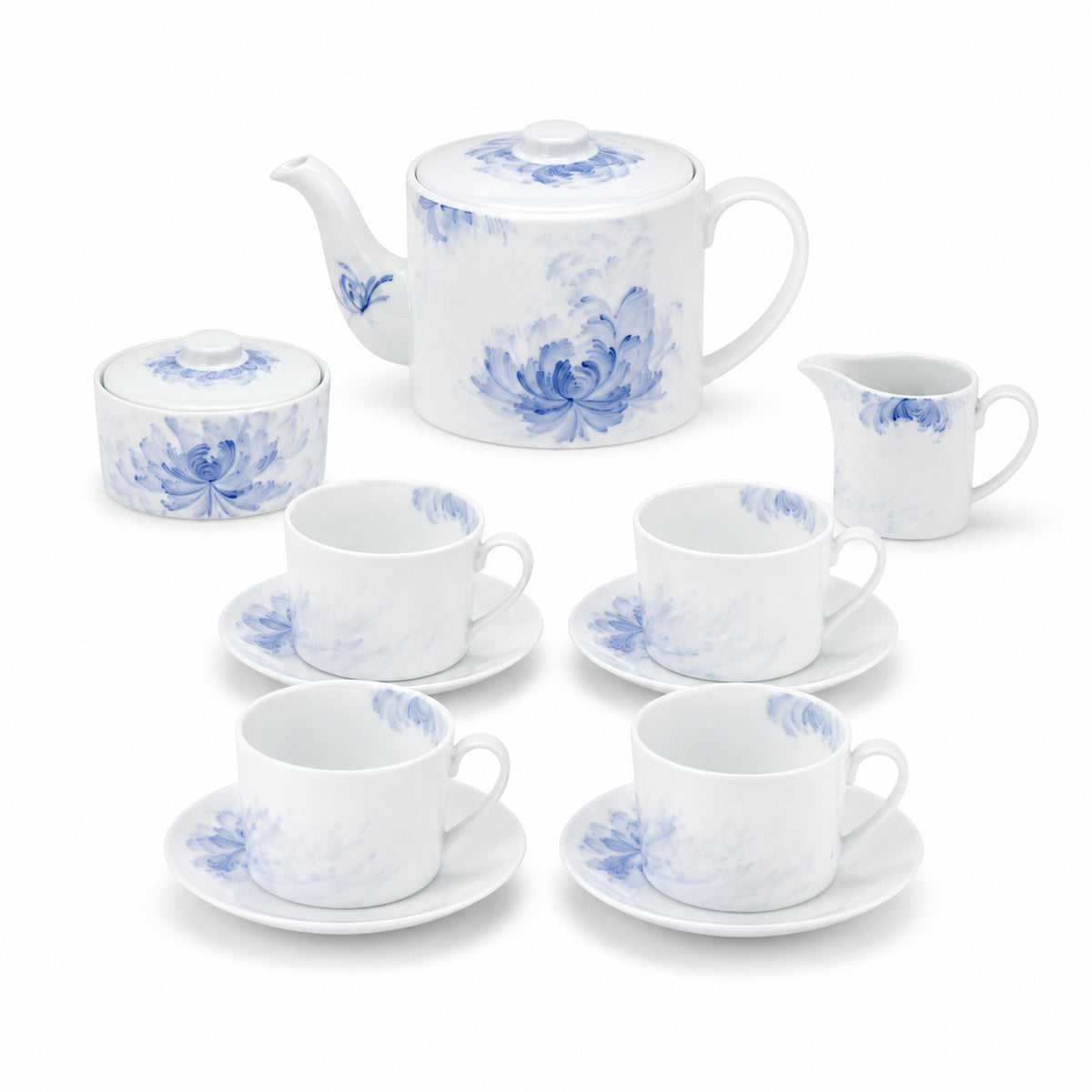 Blue Lotus complete four-place porcelain service on pure white