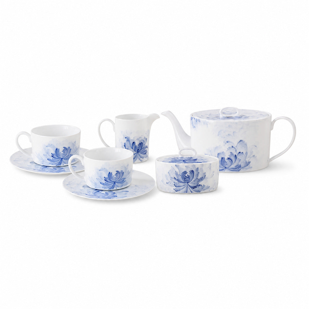 Blue Lotus complete service with sugar jar and creamer on pure white
