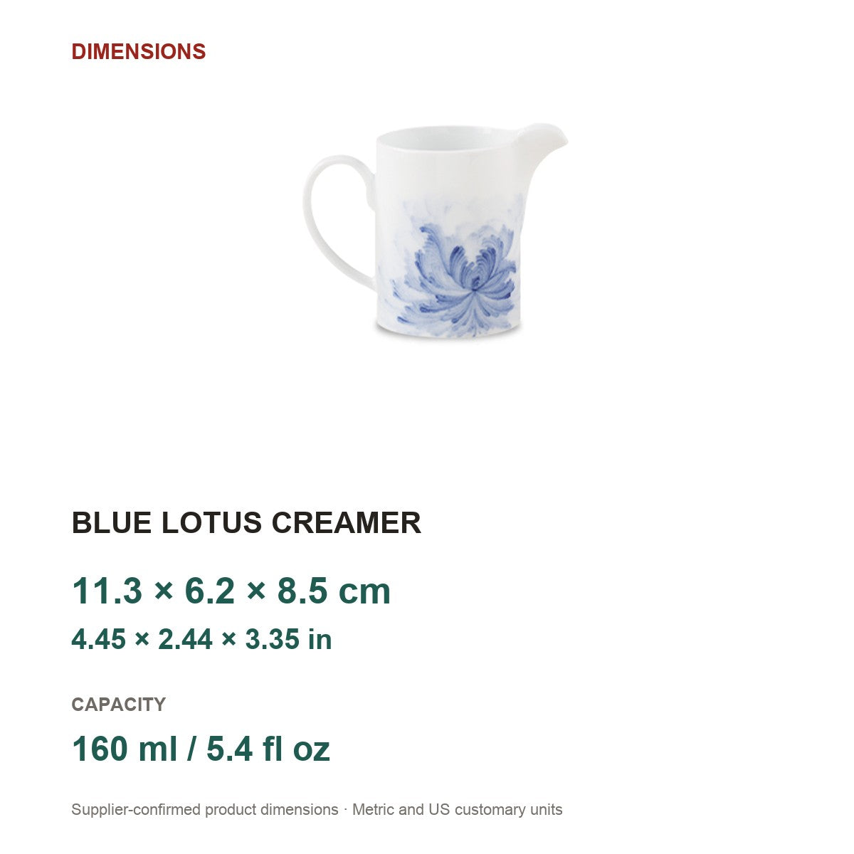 Blue Lotus Creamer dimensions: 11.3 × 6.2 × 8.5 cm, 160 ml