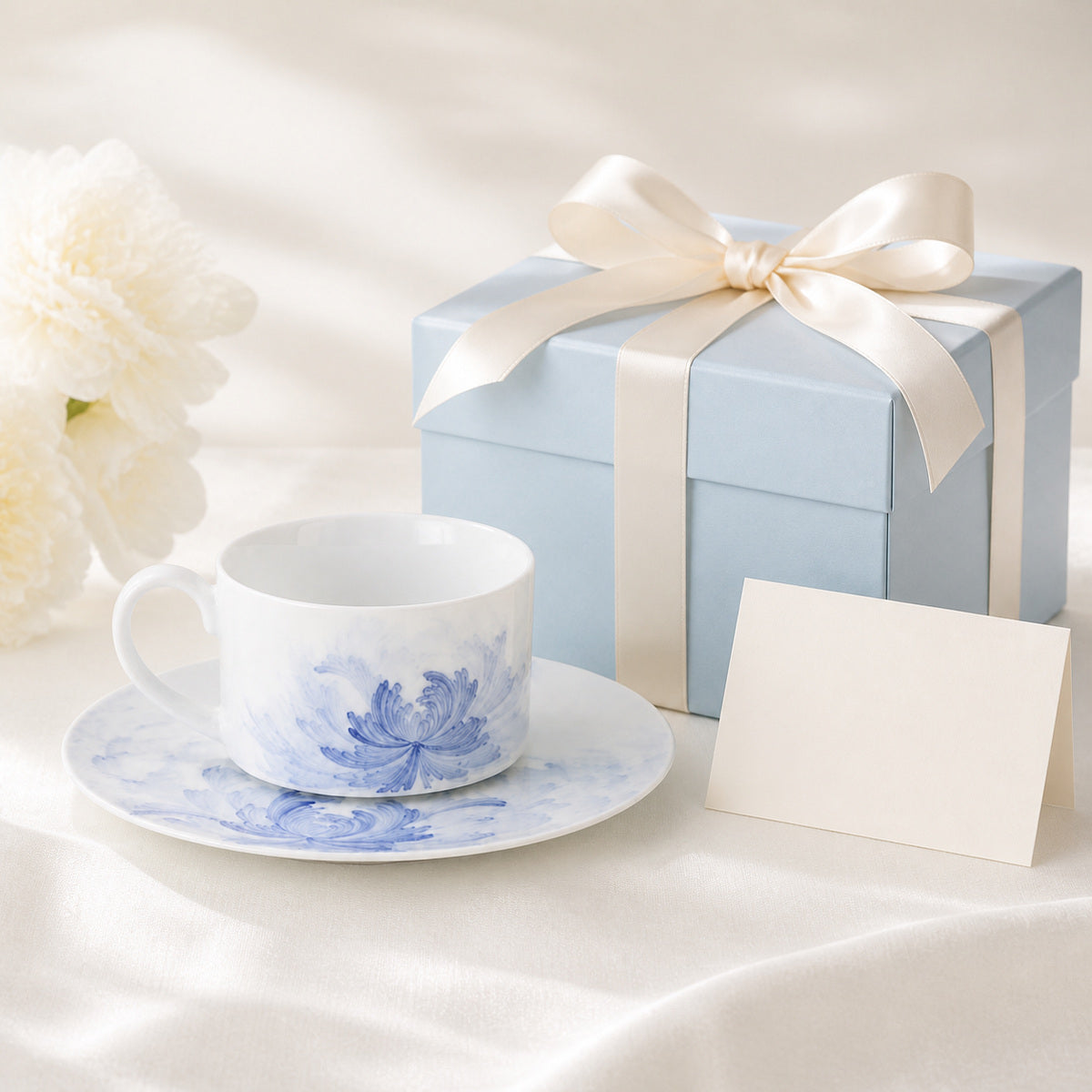 Blue Lotus cup and saucer presented as a thoughtful gift