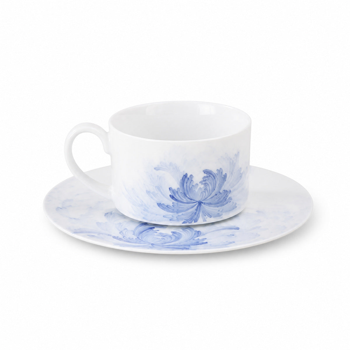 Blue Lotus porcelain cup and saucer on a pure white background