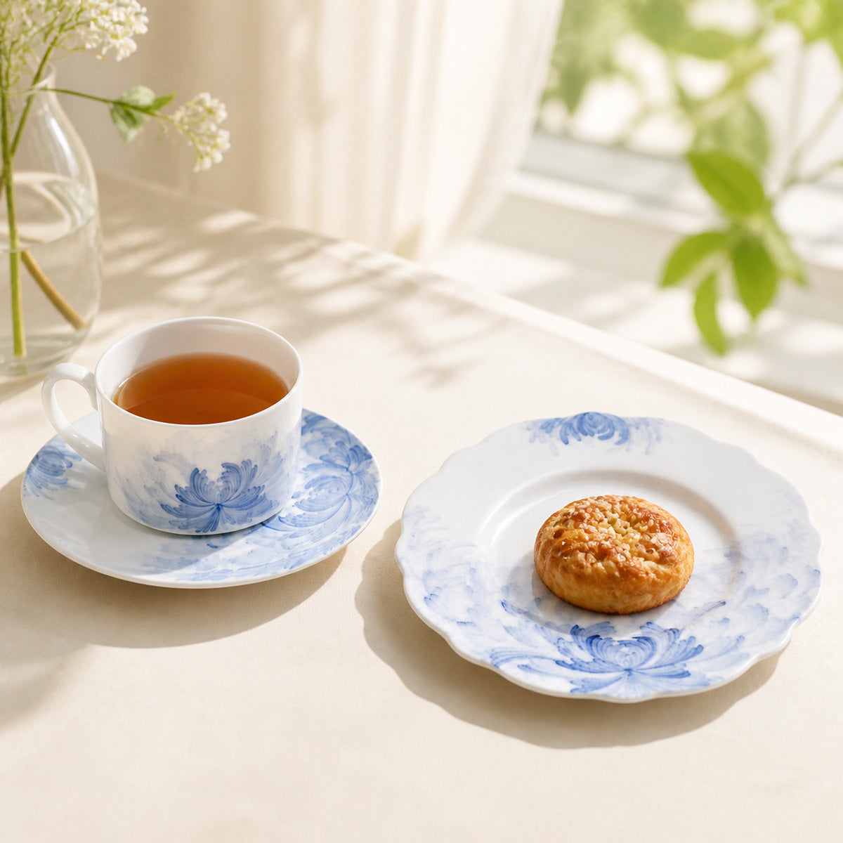 Blue Lotus cup saucer and plate breakfast setting