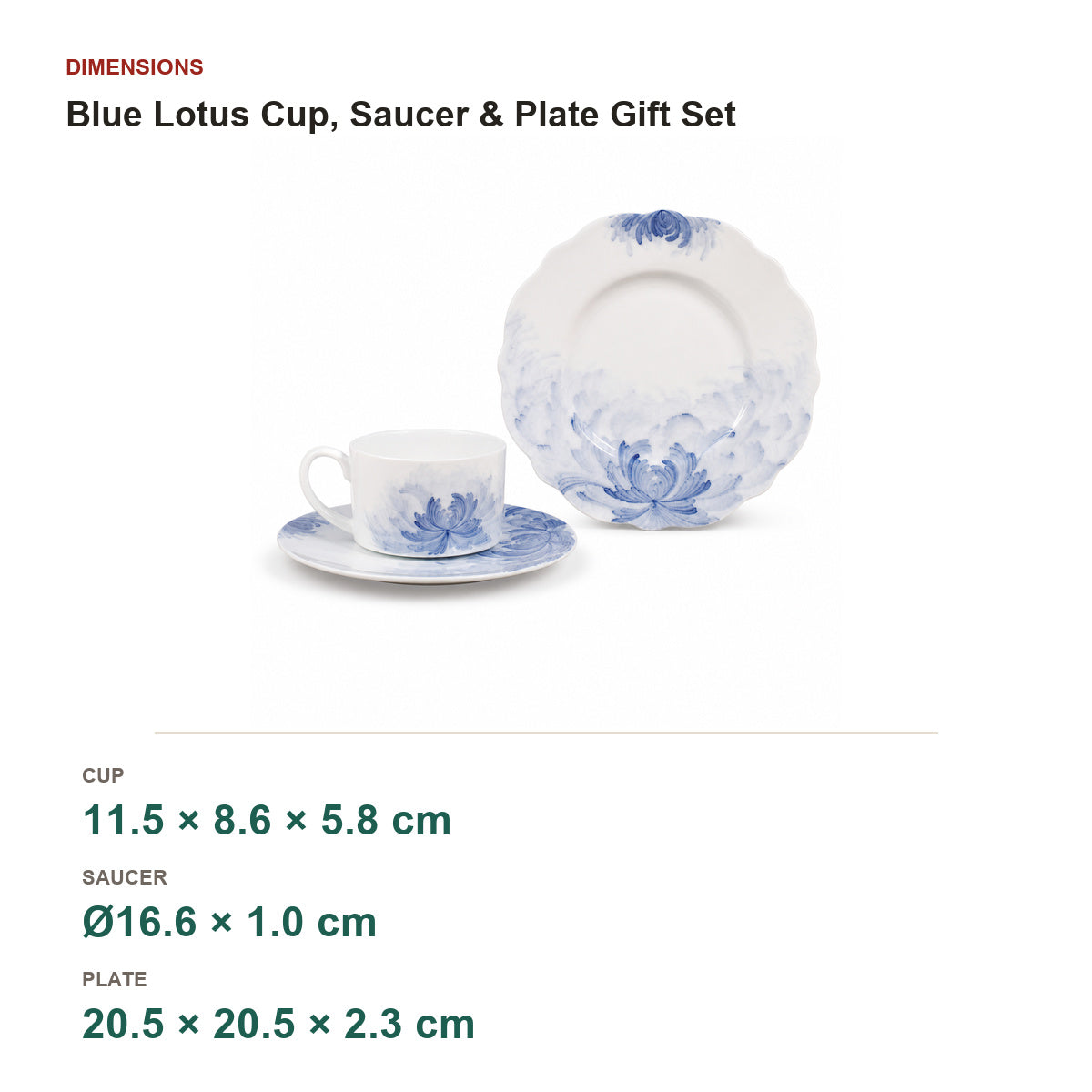 Blue Lotus cup saucer and plate gift set dimensions