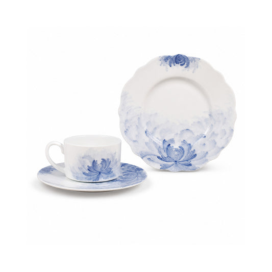 Blue Lotus cup, saucer and plate gift set — complete product view on white