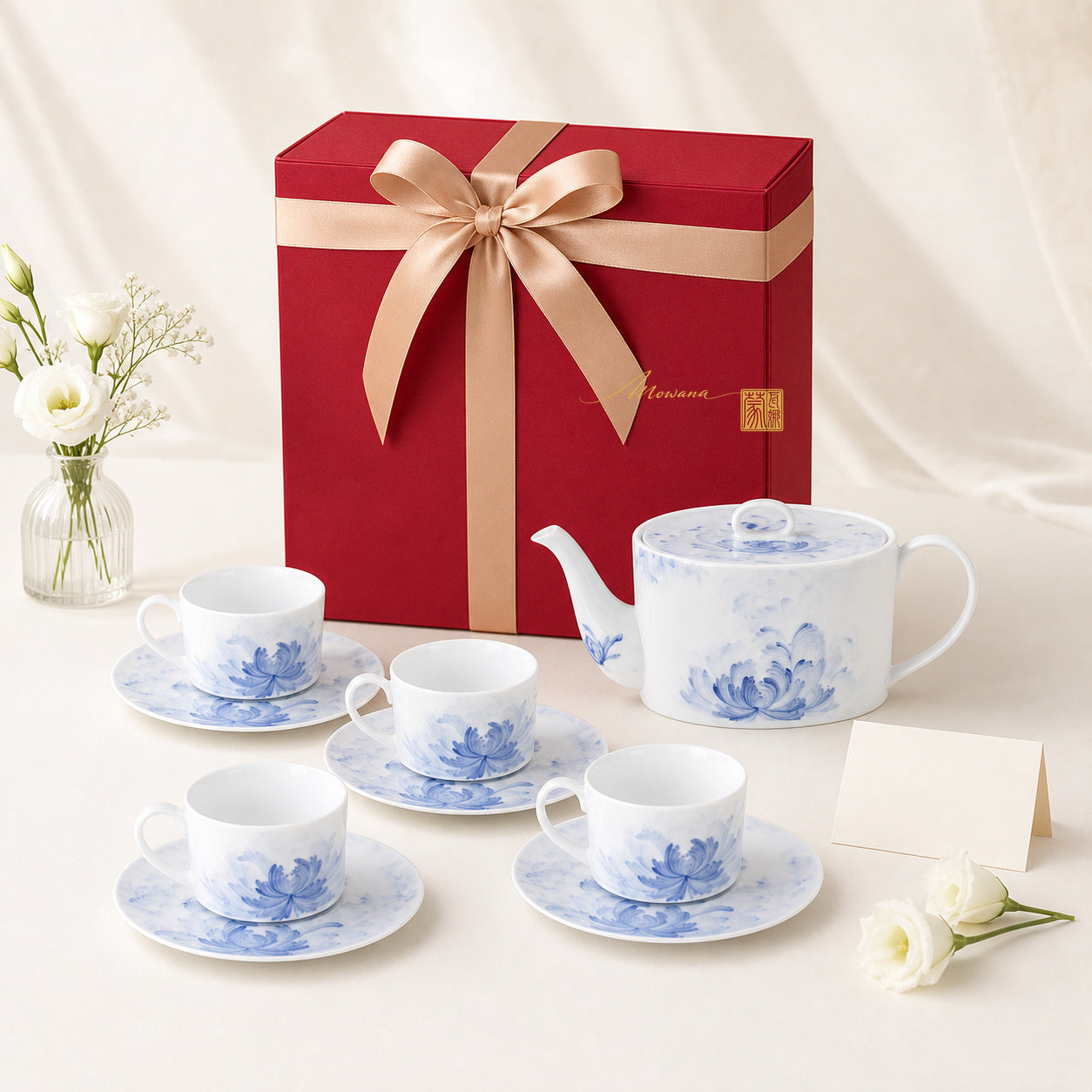 Blue Lotus four-place gift set with red MOWANA gift box